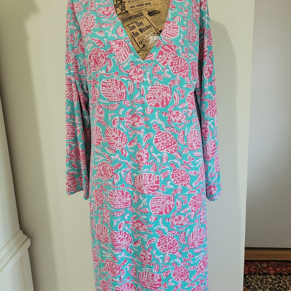 Elegant V-Neck Long Sleeve Dress - Pink and Blue - Picture 2 of 4